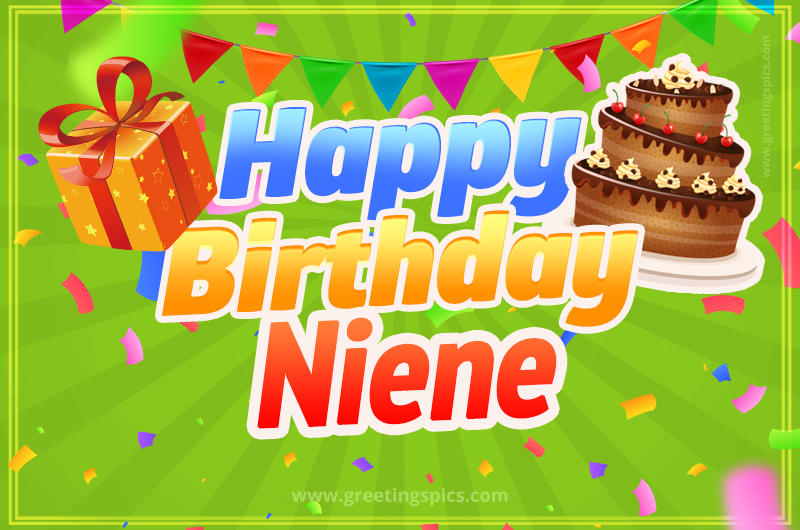 Happy Birthday Niene picture with flags, chocolate cake and gift box