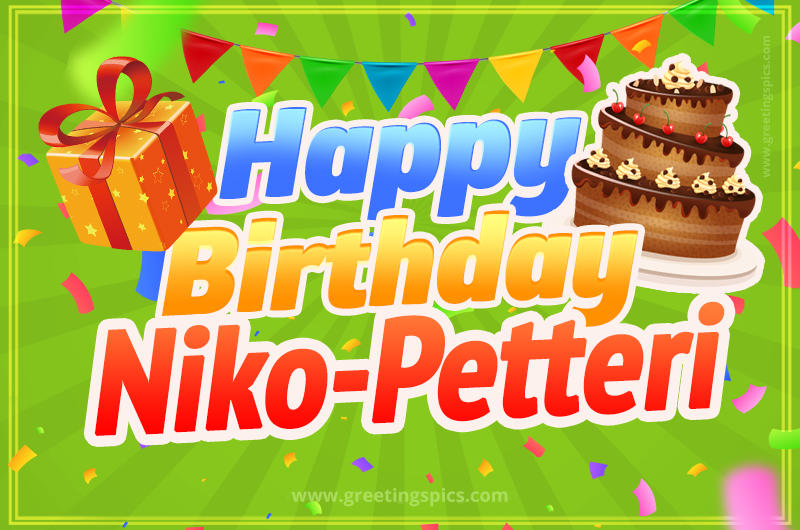 Happy Birthday Niko-Petteri picture with flags, chocolate cake and gift box