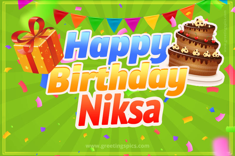 Happy Birthday Niksa picture with flags, chocolate cake and gift box