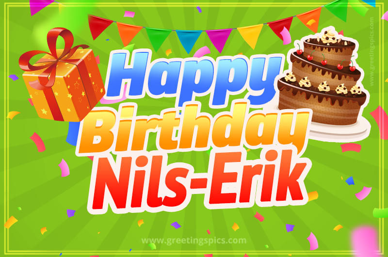 Happy Birthday Nils-Erik picture with flags, chocolate cake and gift box