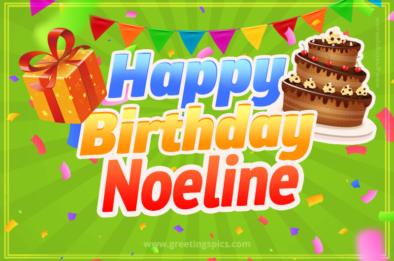 Happy Birthday Noeline picture with flags, chocolate cake and gift box