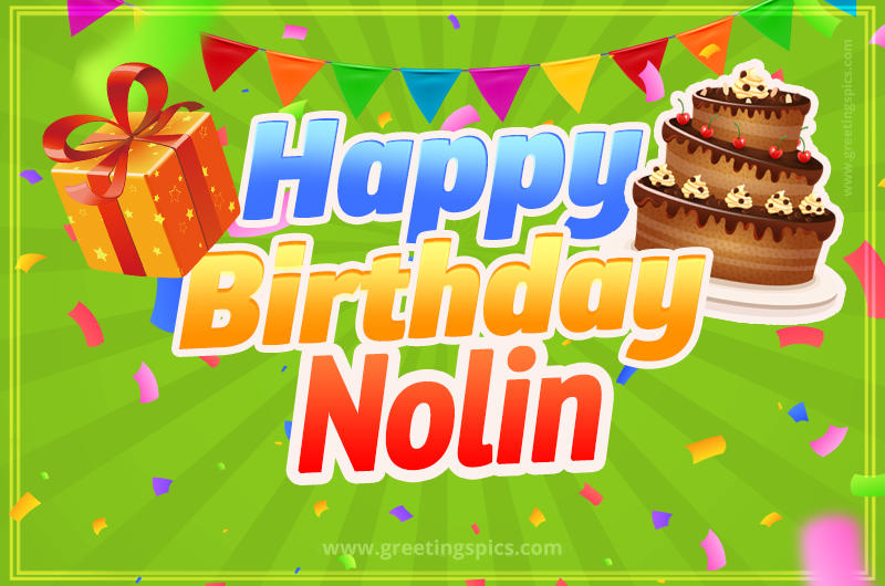 Happy Birthday Nolin picture with flags, chocolate cake and gift box