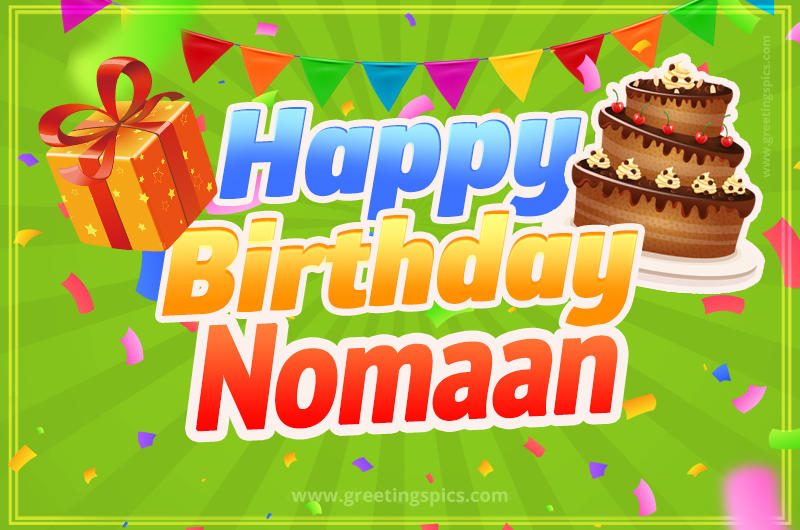 Happy Birthday Nomaan picture with flags, chocolate cake and gift box