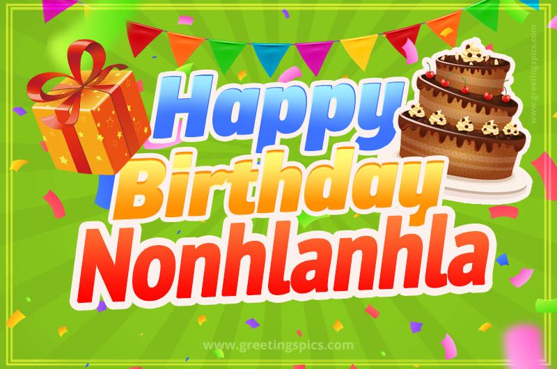 Happy Birthday Nonhlanhla picture with flags, chocolate cake and gift box