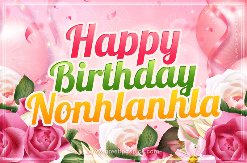 Image with gentle pink background and flowers Happy Birthday Nonhlanhla