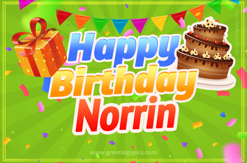 Happy Birthday Norrin picture with flags, chocolate cake and gift box