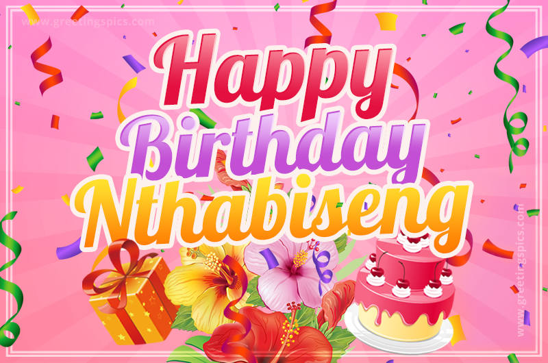 Beautiful Birthday Card for Nthabiseng with Cake and bouquet of flowers