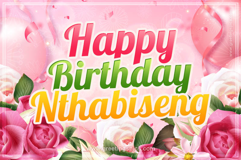 Image with gentle pink background and flowers Happy Birthday Nthabiseng