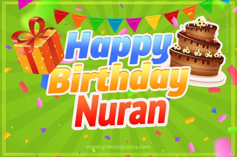 Happy Birthday Nuran picture with flags, chocolate cake and gift box