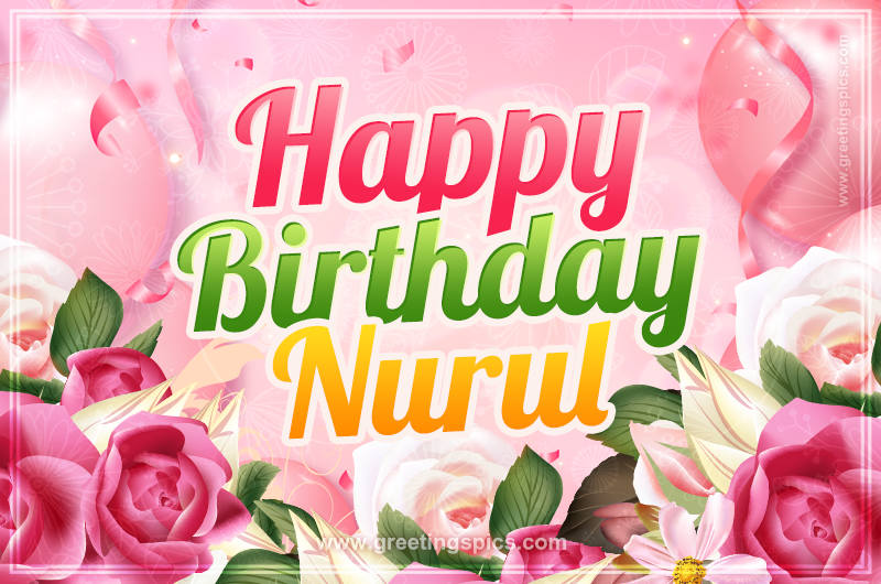 Image with gentle pink background and flowers Happy Birthday Nurul