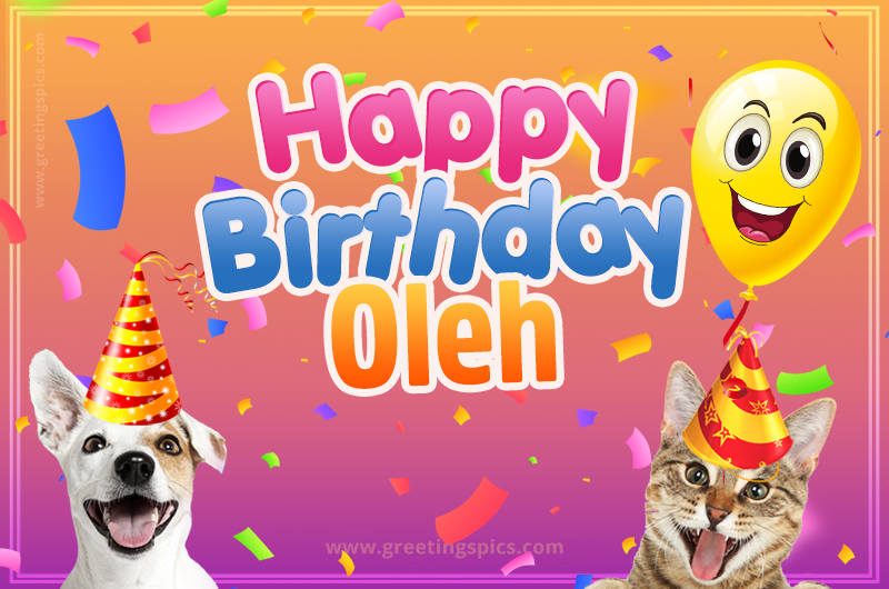 Happy Birthday Oleh Funny Image with cat and dog