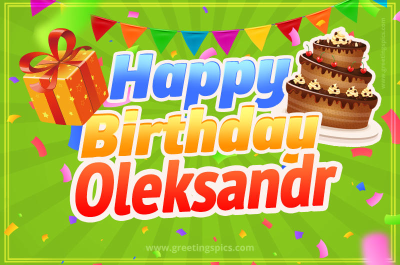 Happy Birthday Oleksandr picture with flags, chocolate cake and gift box