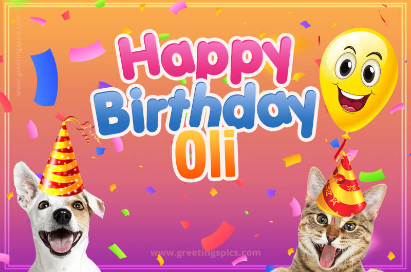 Happy Birthday Oli Funny Image with cat and dog