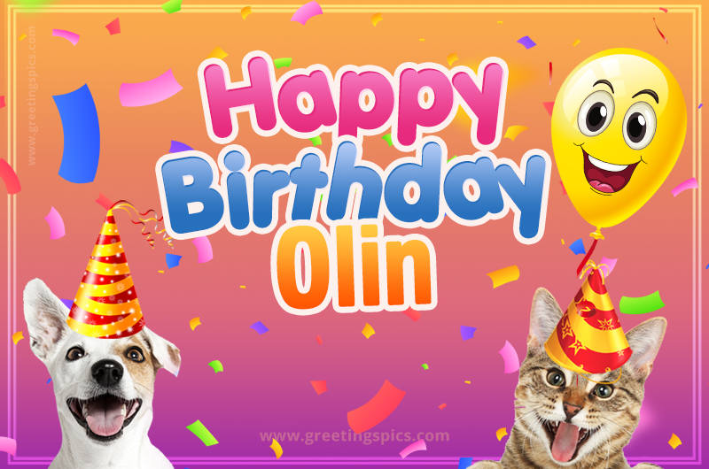 Happy Birthday Olin Funny Image with cat and dog