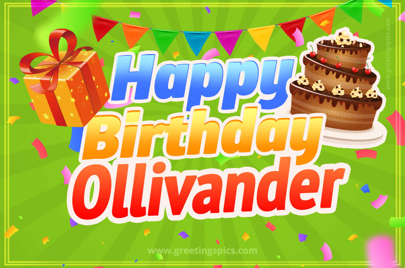 Happy Birthday Ollivander picture with flags, chocolate cake and gift box