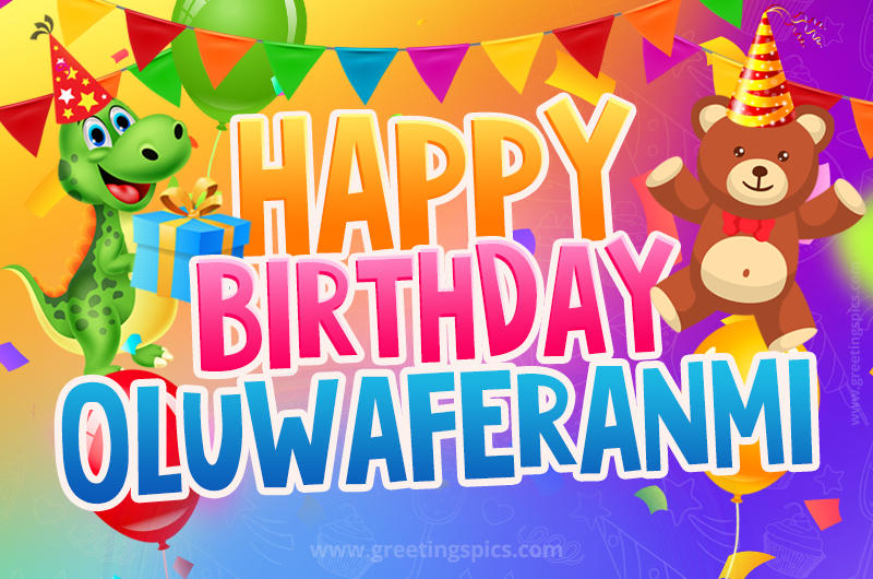 Happy Birthday Oluwaferanmi Image for a child with cute baby dinosaur and bear