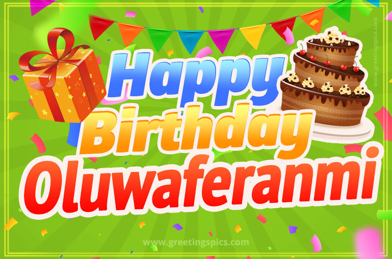 Happy Birthday Oluwaferanmi picture with flags, chocolate cake and gift box