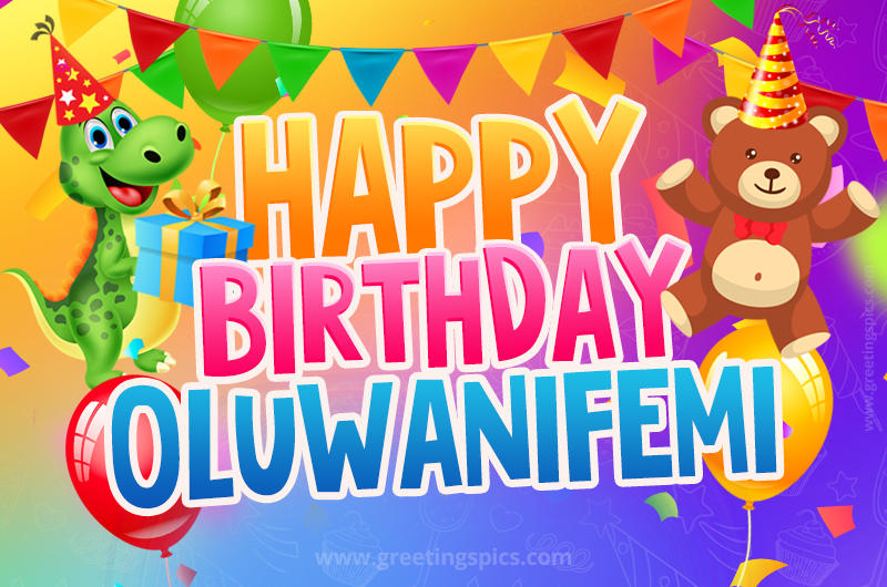 Happy Birthday Oluwanifemi Image for a child with cute dinosaur and bear