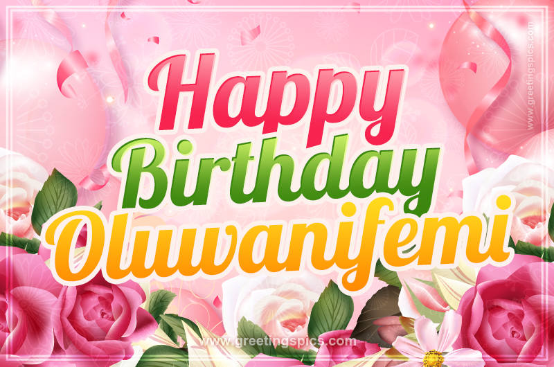 Image with gentle pink background and flowers Happy Birthday Oluwanifemi