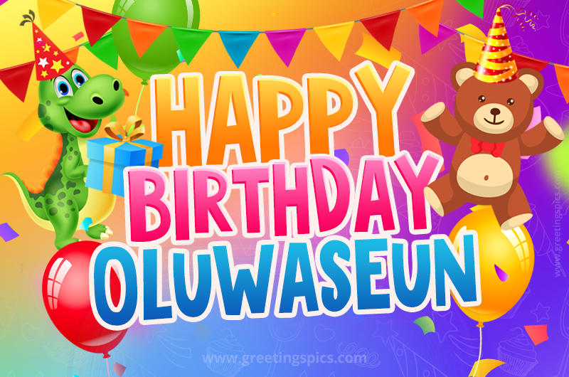 Happy Birthday Oluwaseun Image for a child with cute baby dinosaur and bear