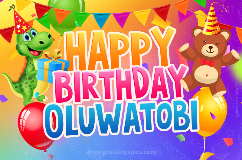 Happy Birthday Oluwatobi Image for a child with cute baby dinosaur and bear