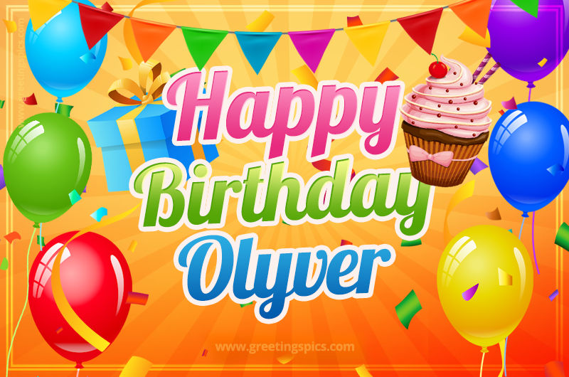 Happy Birthday Olyver eCard with gift box and cupcake