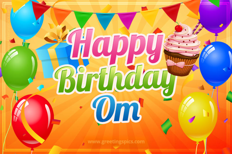 Happy Birthday Om eCard with gift box and cupcake