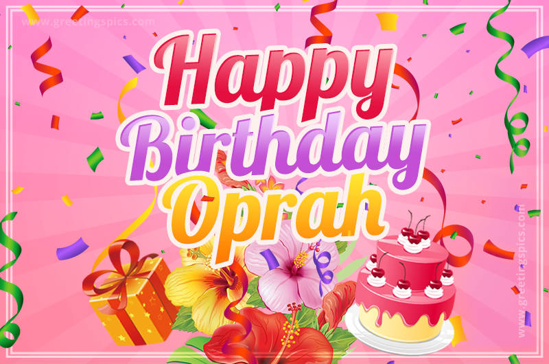 Beautiful Birthday Card for Oprah with Cake and bouquet of flowers