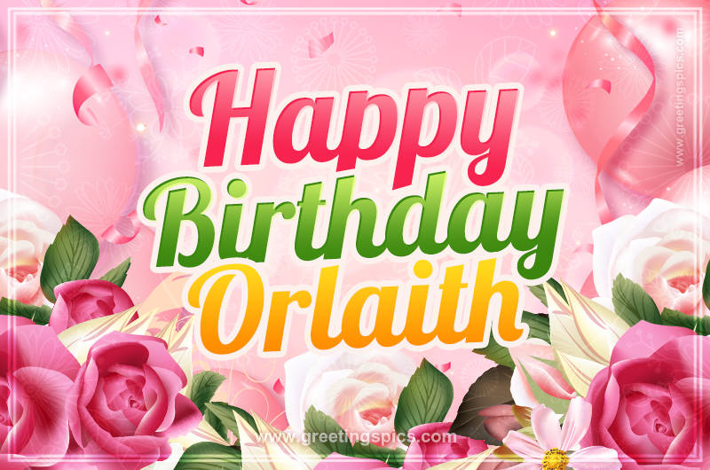 Image with gentle pink background and flowers Happy Birthday Orlaith