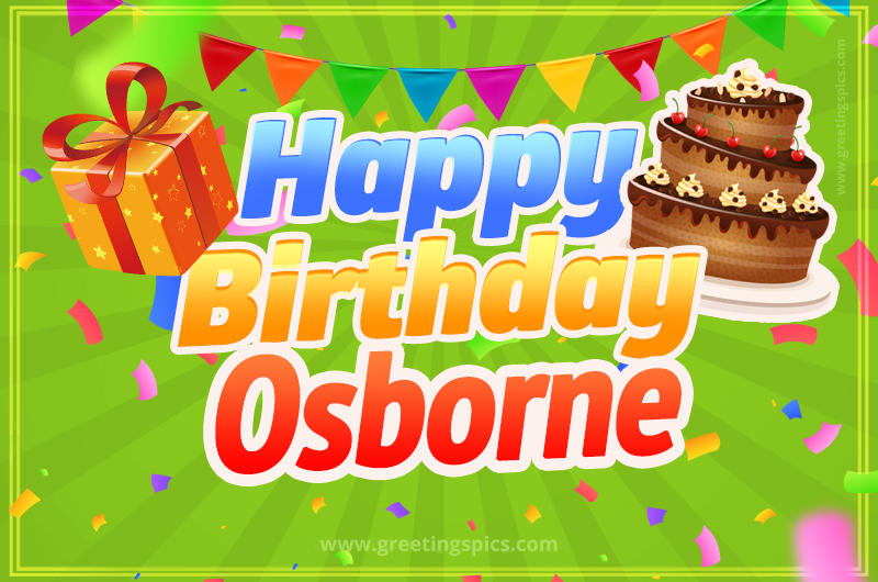 Happy Birthday Osborne picture with flags, chocolate cake and gift box