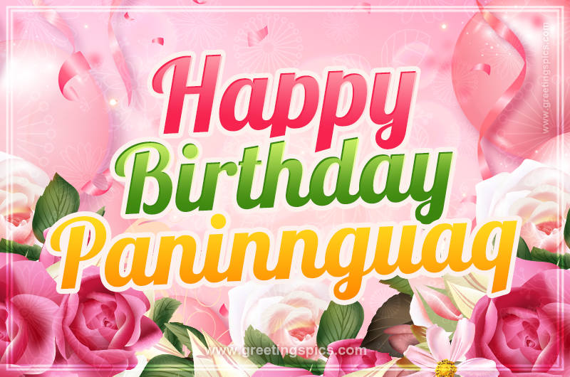 Image with gentle pink background and flowers Happy Birthday Paninnguaq