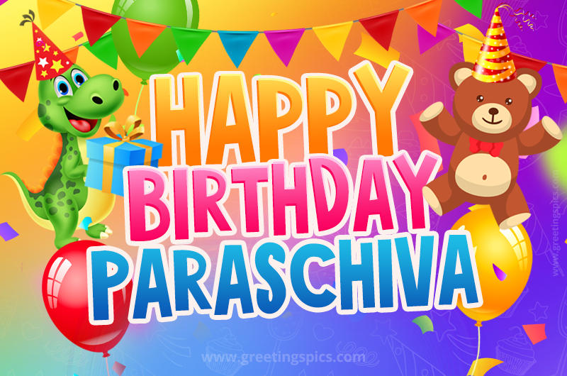 Happy Birthday Paraschiva Image for a child with cute dinosaur and bear