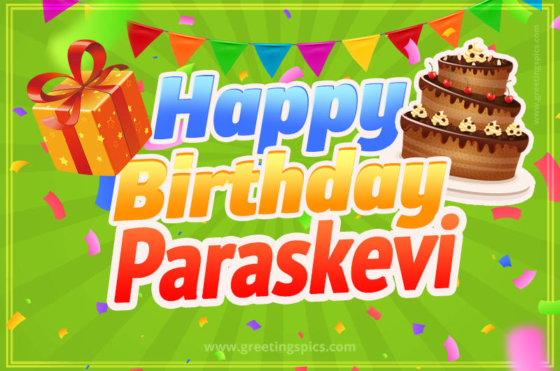 Happy Birthday Paraskevi picture with flags, chocolate cake and gift box