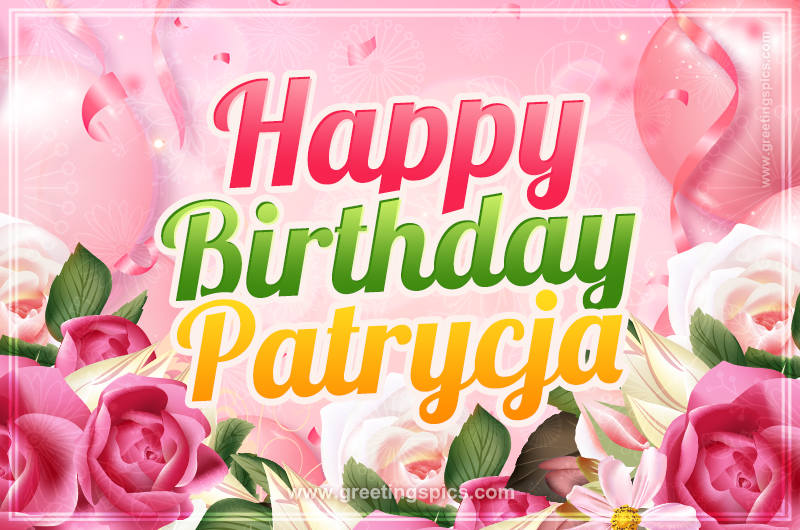 Image with gentle pink background and flowers Happy Birthday Patrycja