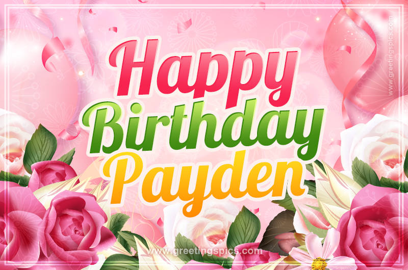 Image with gentle pink background and flowers Happy Birthday Payden