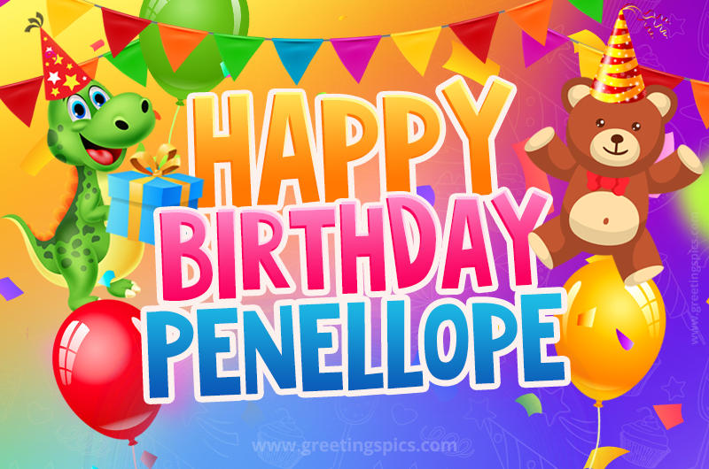 Happy Birthday Penellope Image for a child with cute dinosaur and bear