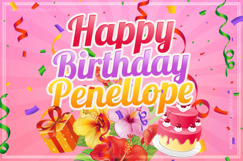 Beautiful Birthday Card for Penellope with Cake and bouquet of flowers