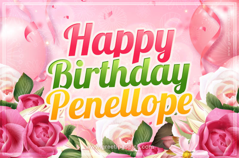 Image with gentle pink background and flowers Happy Birthday Penellope