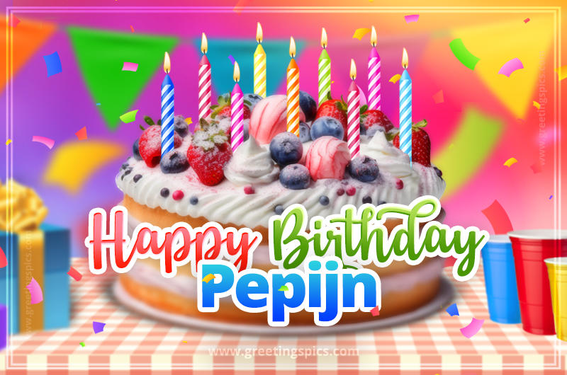 Happy Birthday Pepijn Colorful Image with fruit cake and candles