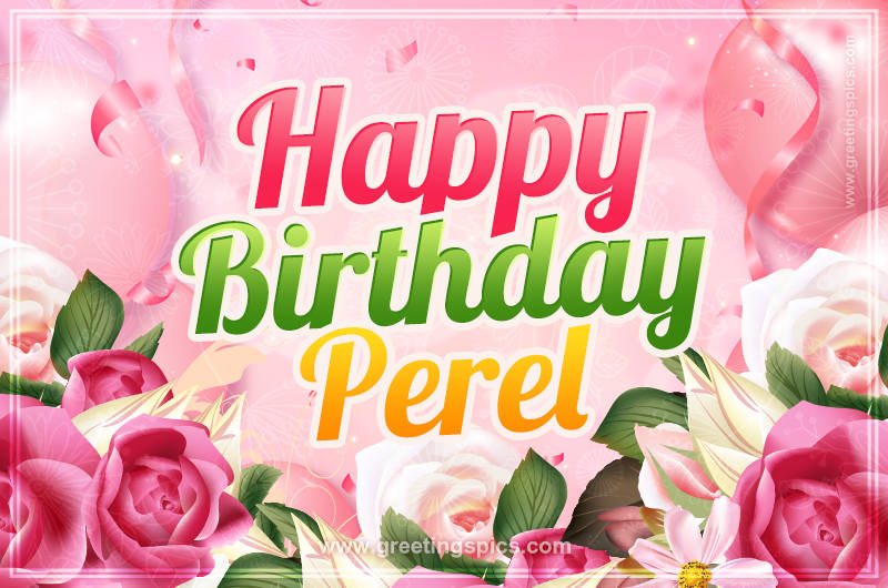 Image with gentle pink background and flowers Happy Birthday Perel