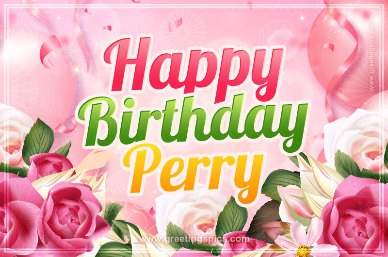 Image with gentle pink background and flowers Happy Birthday Perry