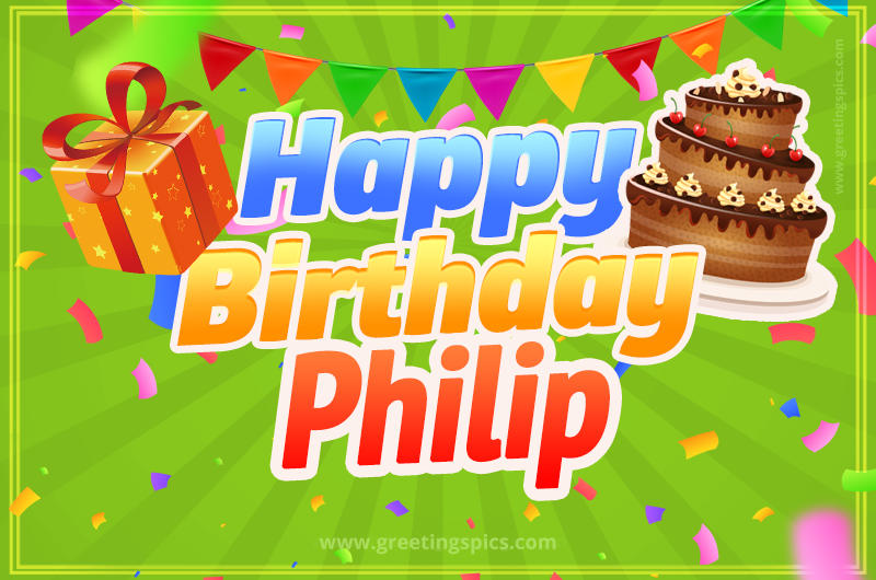 Happy Birthday Philip picture with flags, chocolate cake and gift box