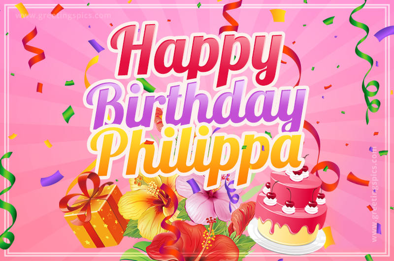 Beautiful Birthday Card for Philippa with Cake and bouquet of flowers