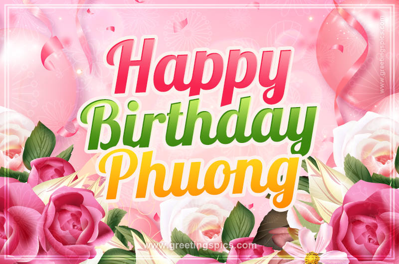 Image with gentle pink background and flowers Happy Birthday Phuong