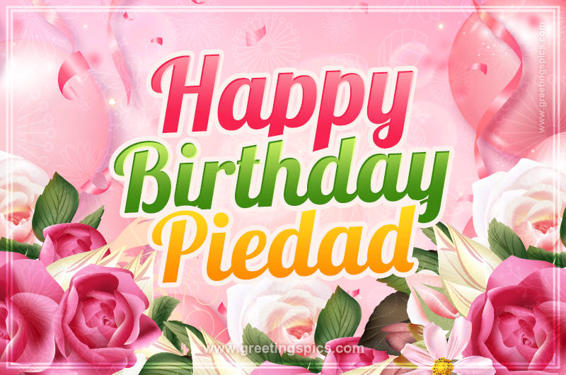 Image with gentle pink background and flowers Happy Birthday Piedad