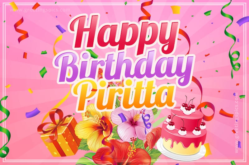 Beautiful Birthday Card for Piritta with Cake and bouquet of flowers