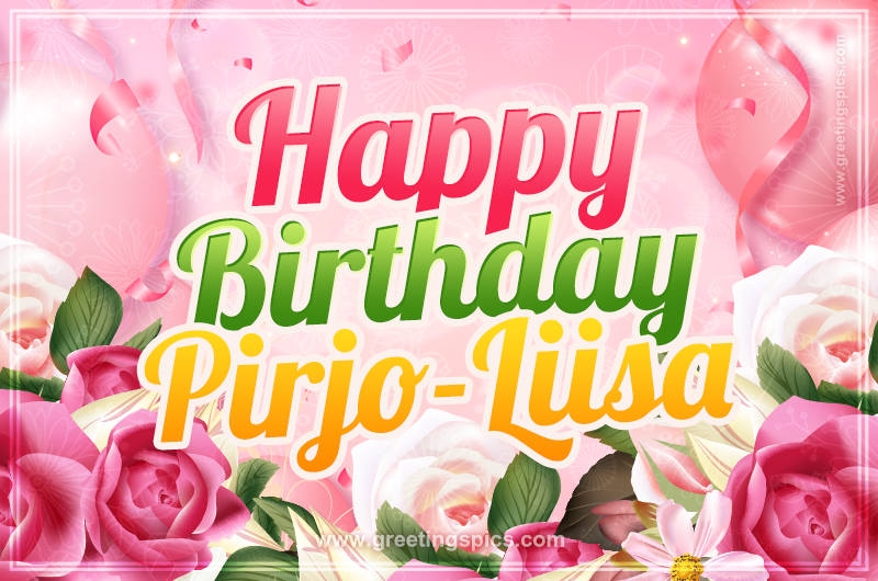 Image with gentle pink background and flowers Happy Birthday Pirjo-Liisa