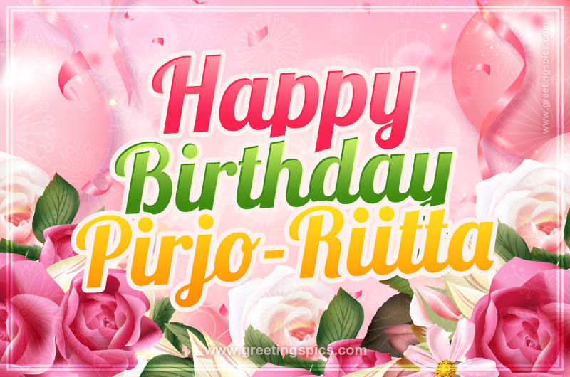 Image with gentle pink background and flowers Happy Birthday Pirjo-Riitta