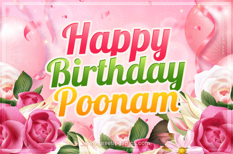 Image with gentle pink background and flowers Happy Birthday Poonam