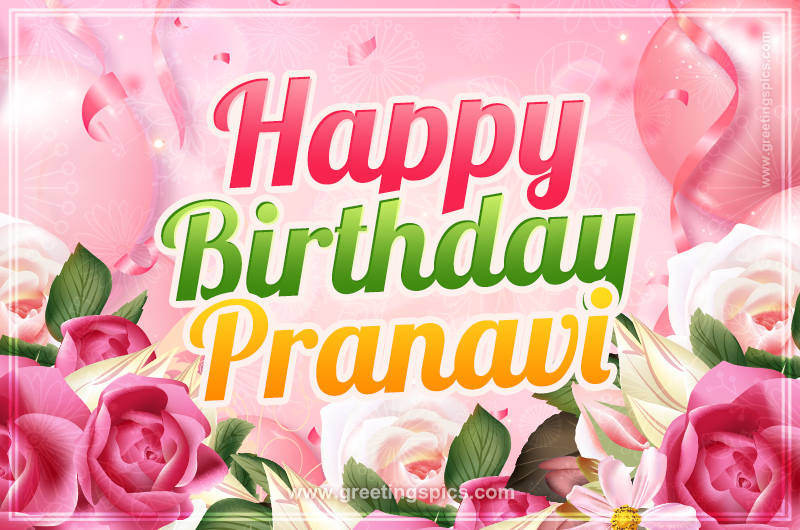 Image with gentle pink background and flowers Happy Birthday Pranavi